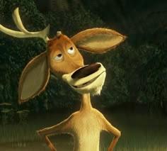 a cartoon character with antlers on it's head is standing in the grass