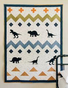 Little Dino Explorer Downloadable Pattern by Stringtown Lane Quilts Kid Quilts Patterns, Scrappy Patchwork, Dinosaur Quilt, Appliqué Quilts, Twin Size Bed, Prehistoric World, Applique Quilt Patterns