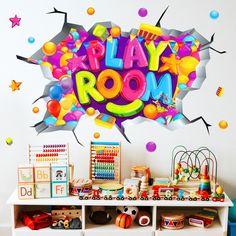 there is a play room wall decal in the shape of a speech bubble that says playroom