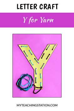 the letter y for yarn is shown in front of a pink background with text that reads,