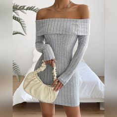 Shein Priv Off Shoulder Foldover Ribbed Fleece Bodycon Dress New With Out Tags. Color: Grey Size: Small Grey Dress Outfit, Fall Maternity Dress, Off Shoulder Sweater Dress, Black Cutout Dress, Sheer Sleeve Dress, Long Black Sweater, Cross Front Dress, Hooded Sweater Dress, Flare Sleeve Sweater