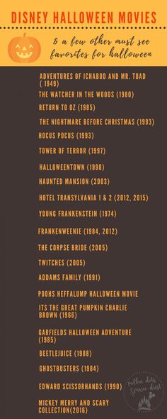 the disney halloween movies list is shown in orange and black, with pumpkins on it