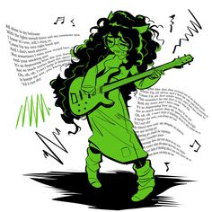 a drawing of a woman with an electric guitar in her hand and music notes behind her