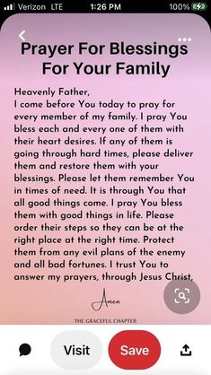 an iphone screen with the message prayer for blessings for your family written on it