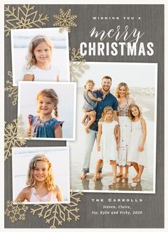 a christmas card with three photos and snowflakes