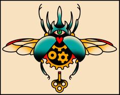 a drawing of a bee with gears on it's back and eyes in the center