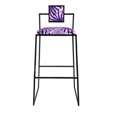 a purple and black bar stool with an animal print seat pad on the backrest