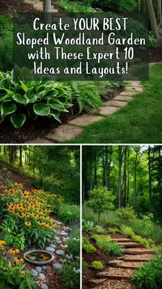 steps lead up to a garden with flowers and plants in the foreground text reads create your best sloped woodland garden with these expert 10 ideas