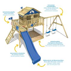 a wooden swing set with blue slide and instructions on how to build the playset