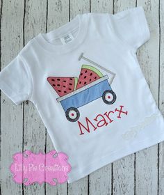 Set your little one up for a summer of fun in style with this Watermelon Wagon Personalized Kids Shirt! Featuring an embroidered watermelon wagon that can be personalized with your child's name, this shirt is sure to make a splash with its whimsical design and authentic summer vibes. Ready, set, watermelon wagon! All of my items are made to order, choose your shirt type, size and applique fabric and I will make a custom shirt just for you! Summer Cotton T-shirt For Playtime, Cotton T-shirt For Summer Playtime, Playful Red T-shirt For Summer, Cute T-shirt With Machine Embroidery And Short Sleeves, Cute Embroidered Summer Tops, Embroidered Summer Tops For Playtime, Playful Embroidered Short Sleeve Tops, Playful Summer Shirt For Playtime, Playful Summer Cotton Shirt