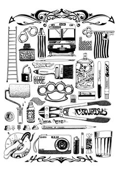 an image of various items that are drawn in black and white on a piece of paper