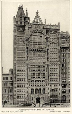 an old black and white photo of a large building with ornate architecture on the front