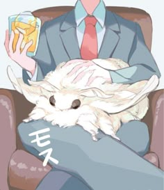 a man sitting in a chair with a dog on his lap and holding a drink