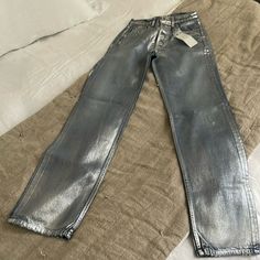 Brand New With Tags Silver Coated Button Fly Straight Leg Size 24 Straight Leg Silver Jeans, Silver Shiny Straight Leg Bottoms, Sequined Straight Leg Denim Jeans, Silver Metallic Jeans, Gray Distressed Straight Leg Jeans, Silver Coat, Straight Leg Jeans, Denim Jeans, Straight Leg