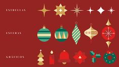 christmas ornaments are arranged on a red background with the words, estrellas esferras graticos