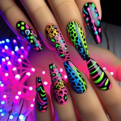 When you love my designs, please don't forget to follow my profile :) Lisa Frank Nail Designs, Lisa Frank Nails Acrylic, 90s Nail Art, Lisa Frank Nails, Summer Nails Extra, 80s Nails, Cute Funky Nails, Baddie Nails Short Coffin, Baddie Nails Short