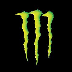 the monster logo in neon green on a black background with an orange lightening effect