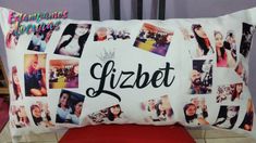 a pillow that has pictures on it with the word gizzet printed on it