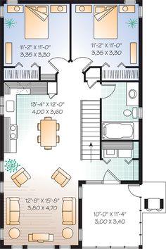 the floor plan for a two story house with an open living room and dining area