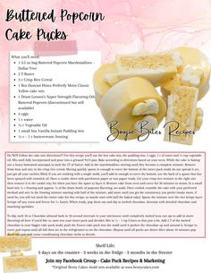 an advertisement for buttered popcorn cake pops with instructions on how to make it and what to use them