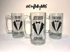 three personalized beer mugs with tuxedos and groomsmen on them