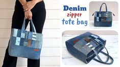 the denim tote bag is made with different types of fabric and features patches on it