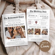 two wedding brochures sitting on top of a bed next to a white blanket