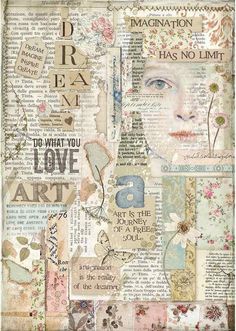 an altered collage with words and pictures on it, including the face of a woman