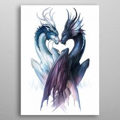 two black and white dragon facing each other with their heads touching noses in the air