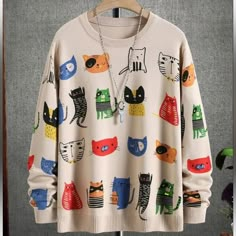 Sweater Cats Size Large Small And Medium New Men Cartoon, Beige Pullover, Pola Sulam, Cartoon Pattern, Knitwear Men, Sweaters Online, Pattern Sweater, Men's Knit, Beige Sweater