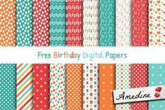 an assortment of birthday digital papers with polka dots and stripes, including one for each