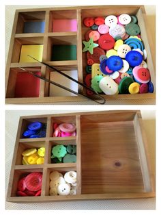 two wooden boxes filled with different types of buttons