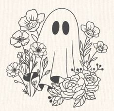 a black and white drawing of a ghost surrounded by flowers