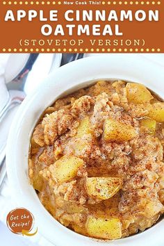 an apple cinnamon oatmeal in a white bowl