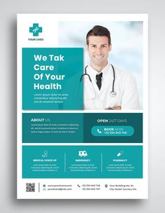 a medical flyer template with a doctor in the middle and an image of a stethoscope on it