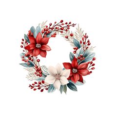 a christmas wreath with red and white flowers