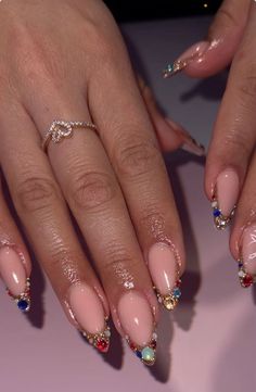 Jewelled Nails Designs, Almond Nails Designs Glitter Rhinestones, French Tip Acrylic Nails Almond With Diamonds, Acrylic Nails With Jewels Rhinestones, Almond Nail Design With Rhinestones, Almond Nail With Rhinestones, Rhinestone Almond Nails Designs, Colourful Rhinestone Nails, Ombre Gems Nails