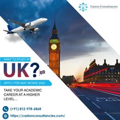 an advertisement for the university of london with a plane flying in the sky and big ben behind it