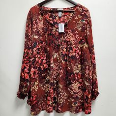 Catherines Womens Plus Long Sleeve V Neck Tunic Blouse Size 1x Red Floral Nwt Great New With Tags Condition (See Pics For Details) Features: Pintucking V-Neck Beaded Tie Red Floral. Lightweight Sheer. Gathered Elastic Sleeves Style: Dressy Fall Flaws: None Measurements: Please See Photos For Measurements (In Inches) Washing Instructions: Machine Wash Size: 18/20 Shipping: Fast Shipping Within 3 Business Days! I Am Happy To Answer Your Questions! Fall Flowy Red Blouse, Flowy Red Blouse For Fall, Beaded Tie, Layered Tunic, V Neck Tunic, Black Tunic Tops, Elastic Sleeves, Sleeves Style, Red Pullover