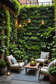 an outdoor living room with plants on the wall