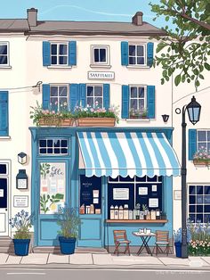 a painting of a cafe with blue shutters