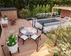 an aerial view of a wooden deck and hot tub