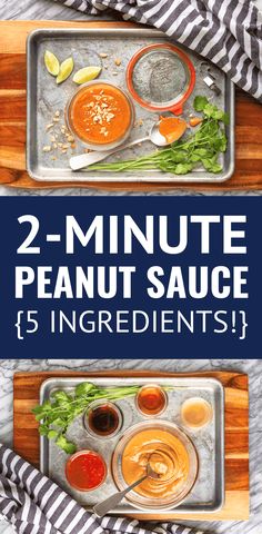 two pans filled with peanut sauce on top of a wooden cutting board next to each other