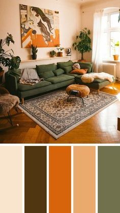 a living room filled with furniture and lots of greenery on the walls in shades of green