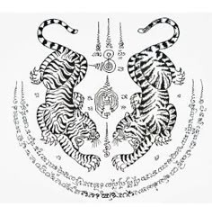 the two tigers are facing each other in an intricately designed pattern on white paper