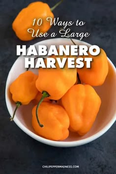 a white bowl filled with orange peppers on top of a black counter next to the words 10 ways to use a large habanero harvest