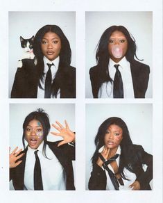 four different pictures of a woman in a suit and tie with a cat on her shoulder