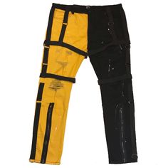 Men’s 2-Toned “Strapped Up” Jeans. Sizes 30, 32, 36, 38, And 40. These Jeans Have Straps Along Each Pants Leg. Black And Yellow With White Paint Splatter. New With Tags. Great Quality. Yellow Clothes Aesthetic Men, Black And Yellow Outfit Men, Md Cosplay, Black And Yellow Outfit, Punk Outfits Men, Two Tone Pants, Patched Pants, Crazy Pants, Punk Cosplay