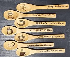 four wooden spoons with different types of coffee on them, and the words sugar please relax it's a time but first coffee you are my cuppa