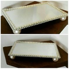 two pictures of a tray with pearls on the bottom and one in the middle that is white